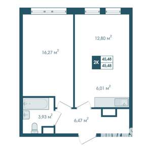 2-к квартира, строящийся дом, 45м2, 12/15 этаж