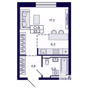 Студия квартира, строящийся дом, 33м2, 13/22 этаж