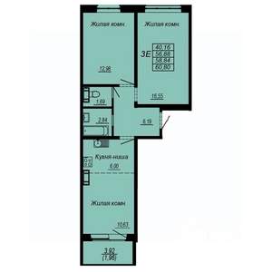 3-к квартира, строящийся дом, 59м2, 6/10 этаж