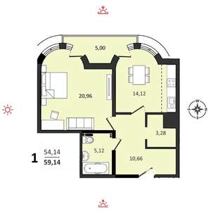 1-к квартира, вторичка, 59м2, 20/25 этаж