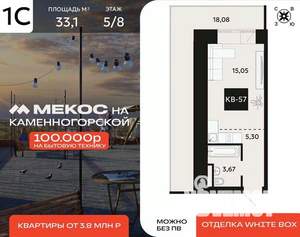 1-к квартира, вторичка, 33м2, 5/8 этаж