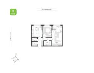 2-к квартира, вторичка, 56м2, 1/9 этаж