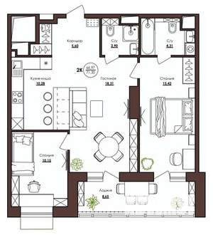 2-к квартира, вторичка, 71м2, 16/23 этаж