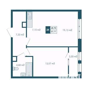 2-к квартира, строящийся дом, 51м2, 8/15 этаж
