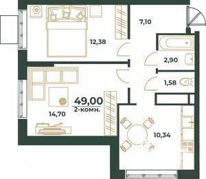 2-к квартира, вторичка, 49м2, 23/24 этаж