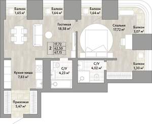 2-к квартира, вторичка, 63м2, 19/22 этаж