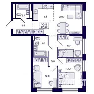 4-к квартира, строящийся дом, 81м2, 3/22 этаж