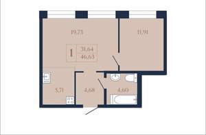 1-к квартира, вторичка, 47м2, 4/22 этаж