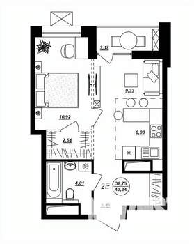 2-к квартира, строящийся дом, 40м2, 16/17 этаж